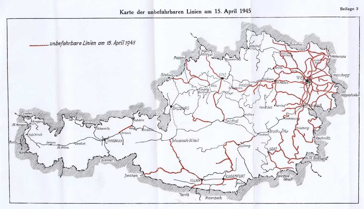 Österreich-Karte mit unbefahrbaren Bahnstrecken 